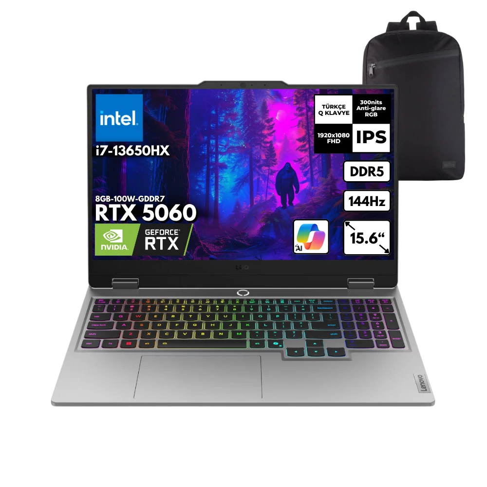 Lenovo Loq 15IRX10 i7-13650HX 64-GBDDR5 1 TBSSD RTX5060 (8GB-100W-GDDR7) 15.6" IPS 144Hz Windows 10 Home + HMF Sırt Çantası 83JE00J5TRHMF87