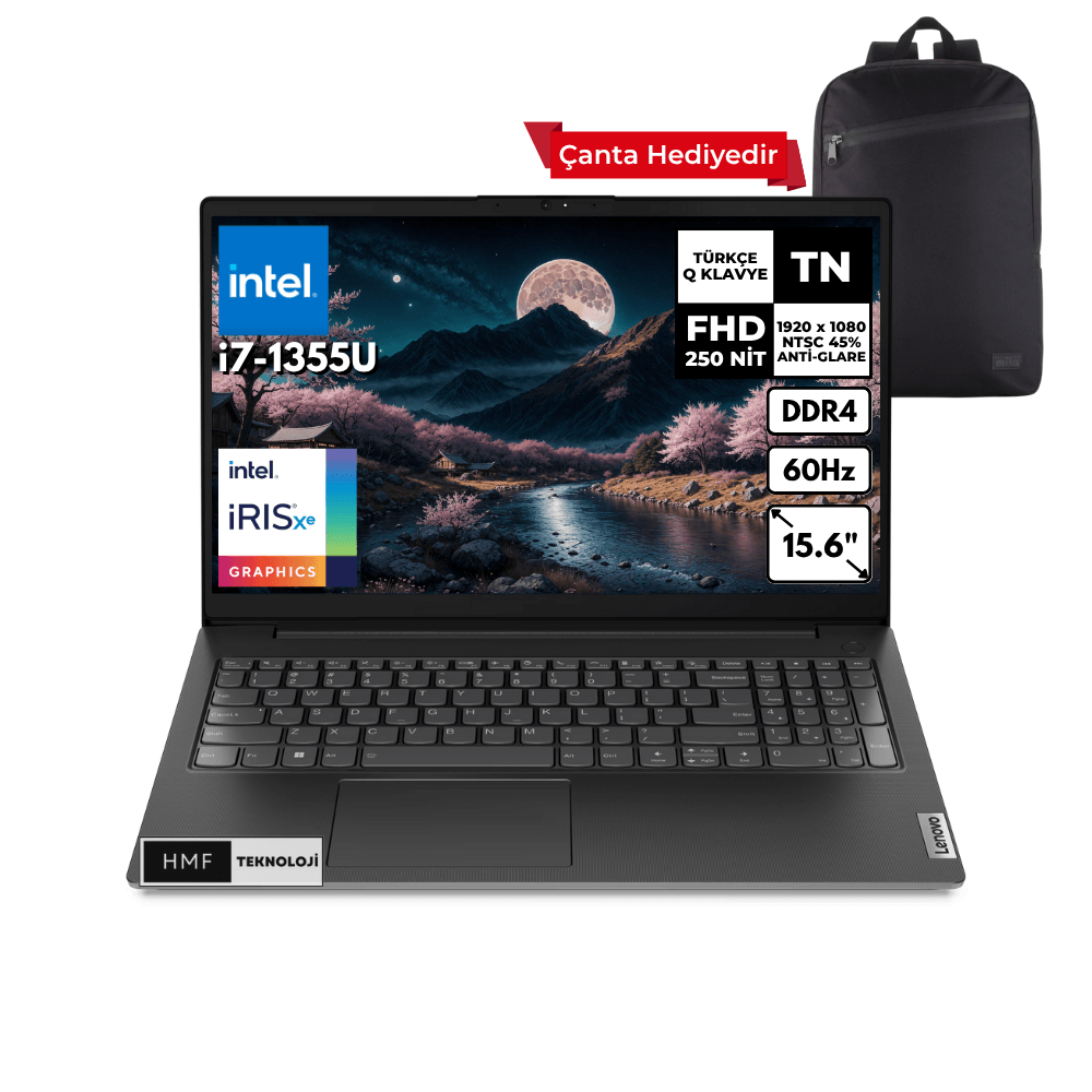 Lenovo V15 G4 i7-1355U 24GB 512 GB SSD Iris Xe Graphics 15.6" FHD Windows 10 Home Notebook+ HMF Sırt Çantası 83A100GPTRHMFC75