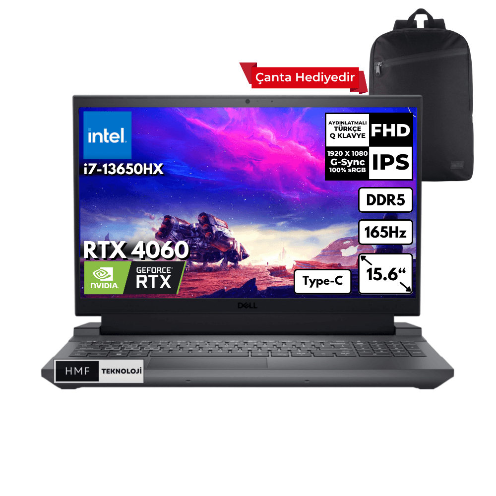 Dell G15 5530 i7-13650HX 16-GBDDR5 512 GBSSD RTX4060 (8GB-140W) 15.6" FHD 165Hz Windows 11 Pro + HMF Sırt Çantası G155530014UHMFC30