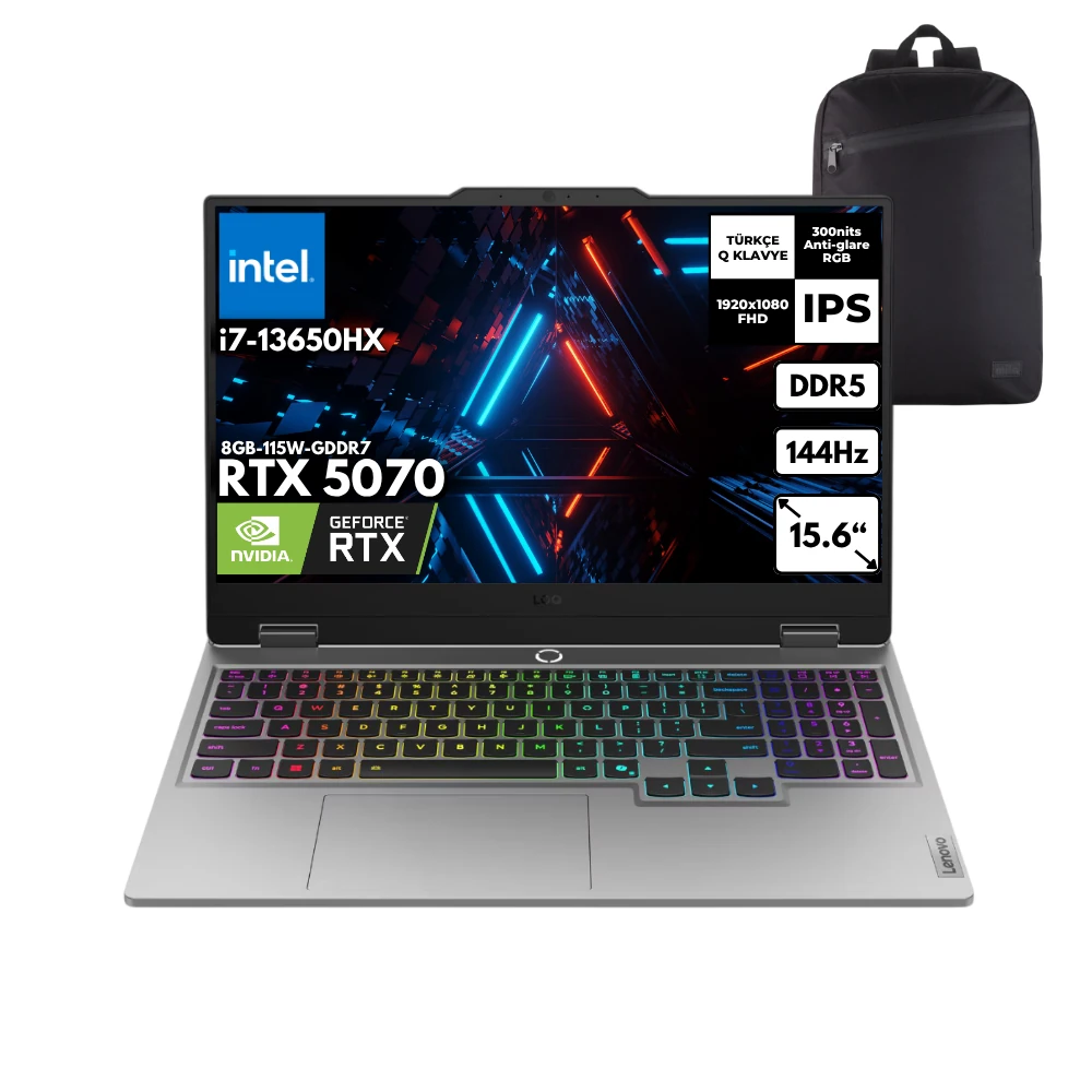Lenovo LOQ i7 13650HX 48 -GBDDR5 1 TBSSD RTX5070 (8GB-115W) 15.6" 144Hz FHD Windows 11 Home + HMF Sırt Çantası 83JE00EWTRHMF27