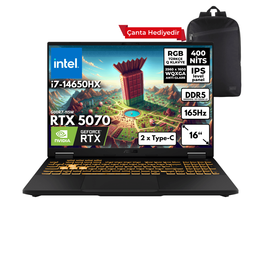 ASUS TUF Gaming F16 i7-14650HX 16-GBDDR5 2 TBSSD RTX5070 (8GB-GDDR7-115W) 16" 2.5K WQXGA 165Hz Windows 11 Home + Sırt Çantası FX608JPR-QT002HMF37