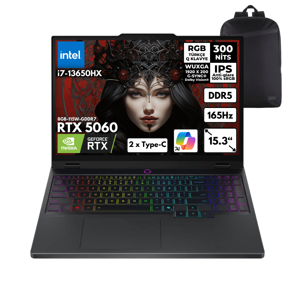 Lenovo Legion 5 i7-13650HX 48-GBDDR5 1 TBSSD RTX5060 (8GB-115W-GDRR7) 15.3" WUXGA Windows 11 Home + HMF Sırt Çantası 83LY00AXTRHMF41