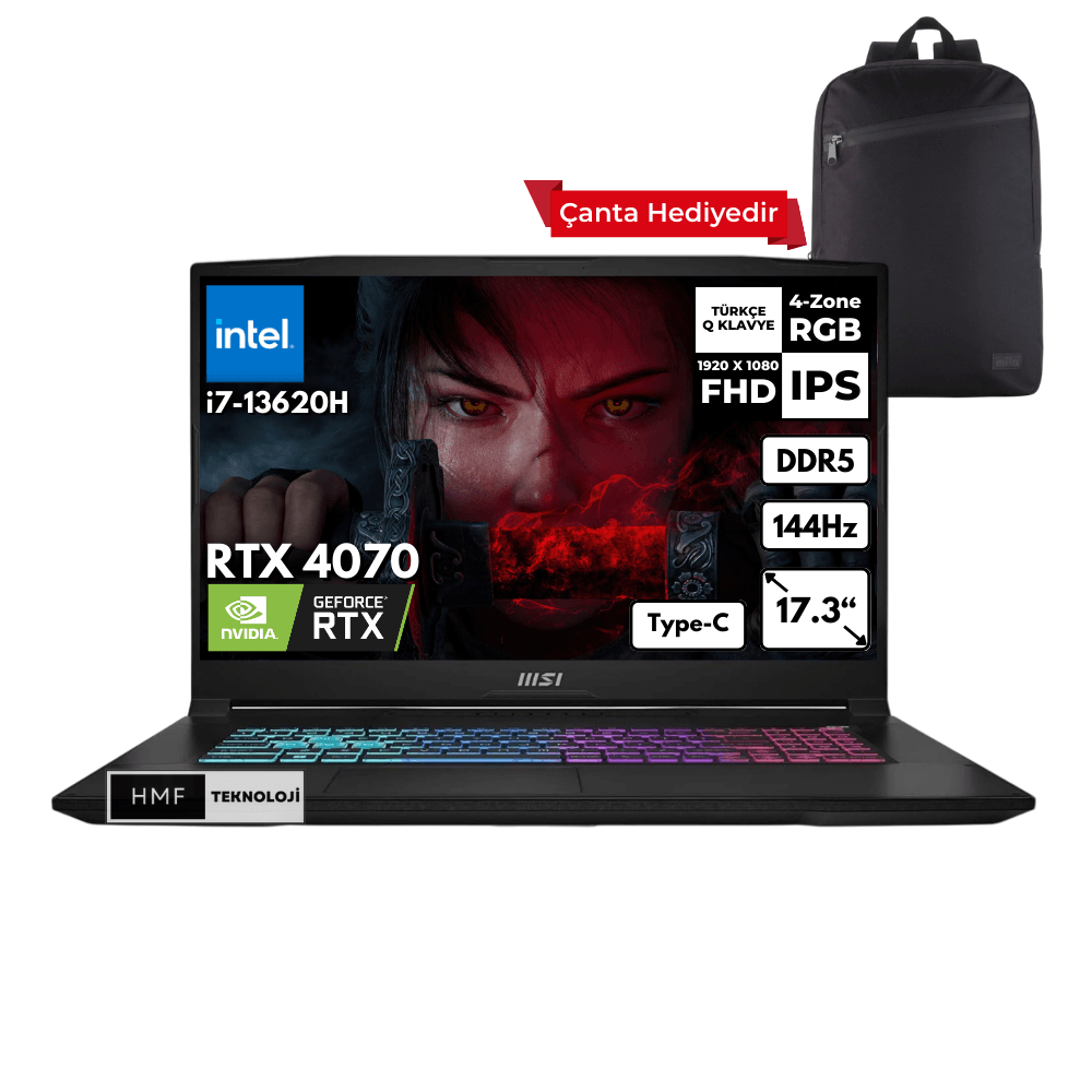 MSI Katana 17 i7-13620H 64-GBDDR5 4 TBSSD RTX4070 (8GB) 17.3" FHD 144Hz Freedos Gaming Laptop + HMF Sırt Çantası B13VGK-1030XTRHMFC14