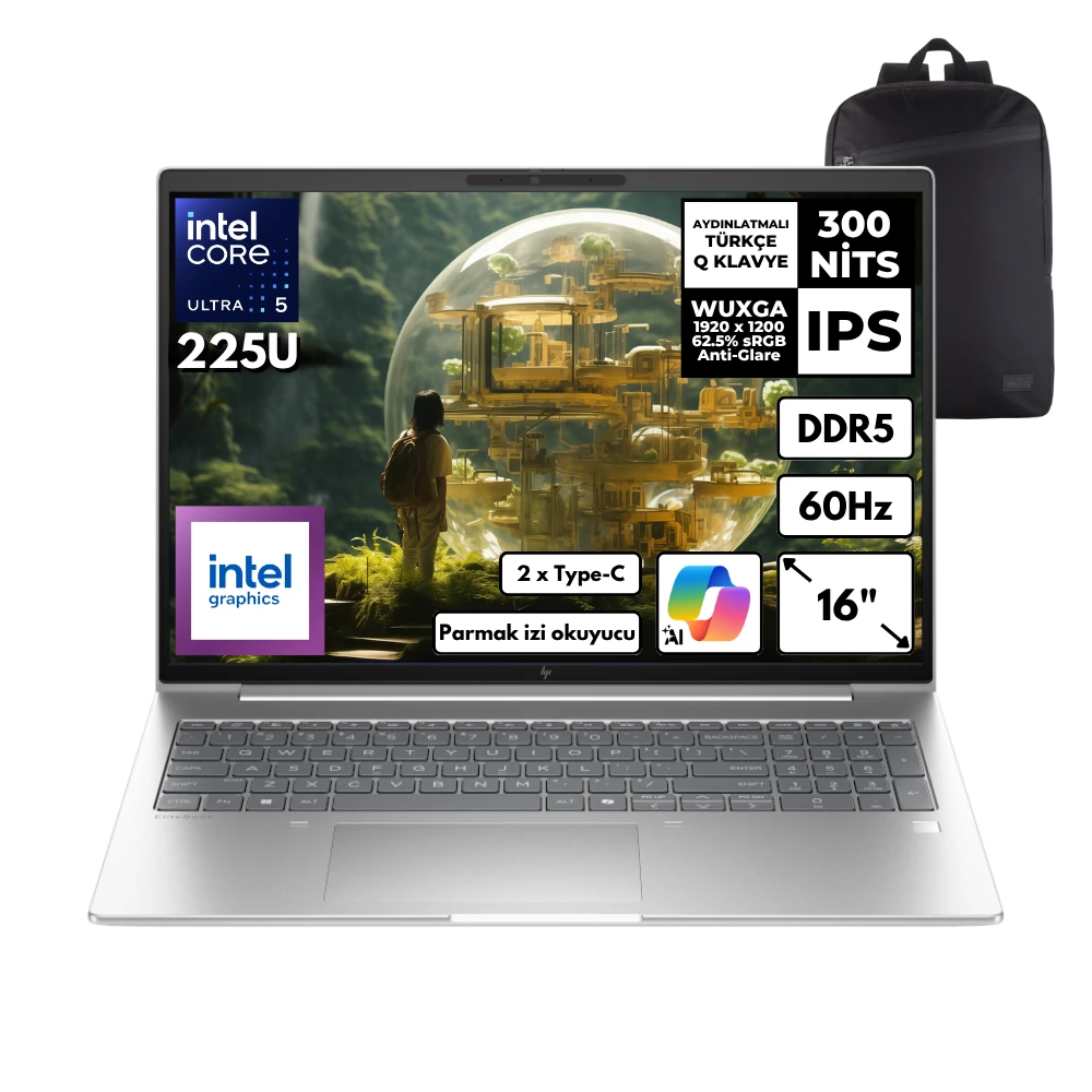 HP Elitebook 6 Ultra 5-225U 32-GBDDR5 4 TBSSD Intel Graphics 16" Windows 11 Pro + HMF Sırt Çantası AD4B9ETHMF12