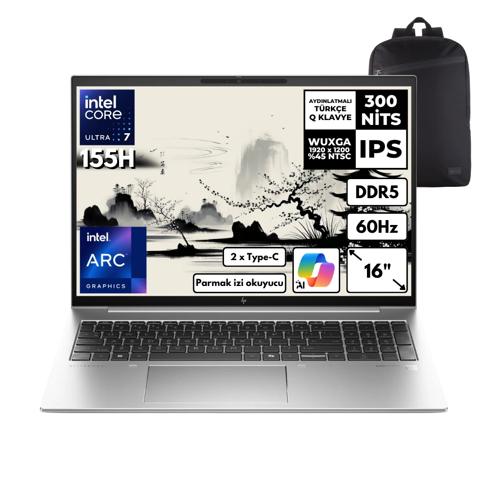 HP Elitebook 860 G11 Ultra 7-155H 64-GBDDR5 512 GBSSD Intel Arc Graphics 16" WUXGA Windows 11 Pro + HMF Sırt Çantası 970P0ETHMF21