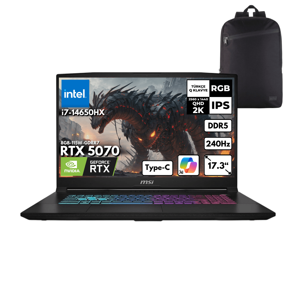 MSI KATANA 17 HX i7-14650HX 16-GBDDR5 1 TBSSD RTX5070 (8GB-115W-GDRR7) 17.3" 2K QHD 240Hz Freedos + HMF Sırt Çantası B14WGK-046XTRHMF1