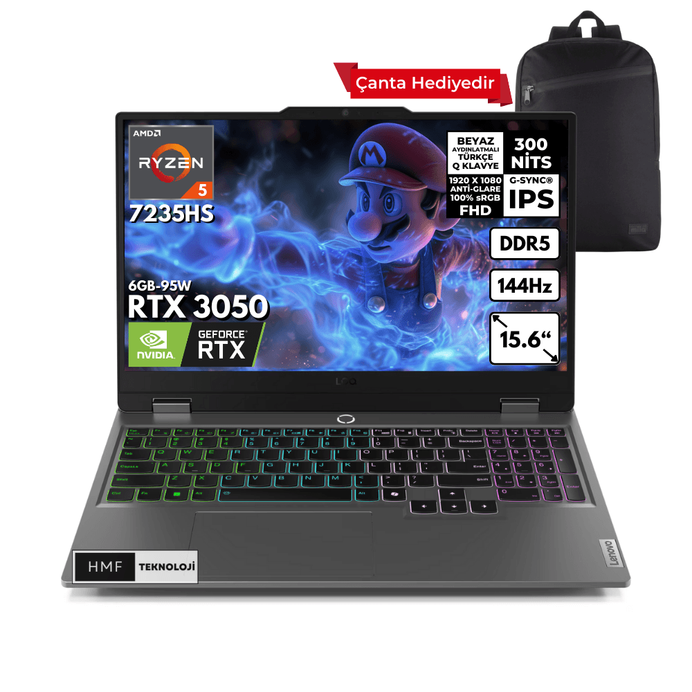 Lenovo LOQ Ryzen 5-7235HS 32-GBDDR5 4 TBSSD RTX3050 (6GB-95W) 15.6" FHD Windows 11 Pro + HMF Sırt Çantası 83JC000PTRHMFC33