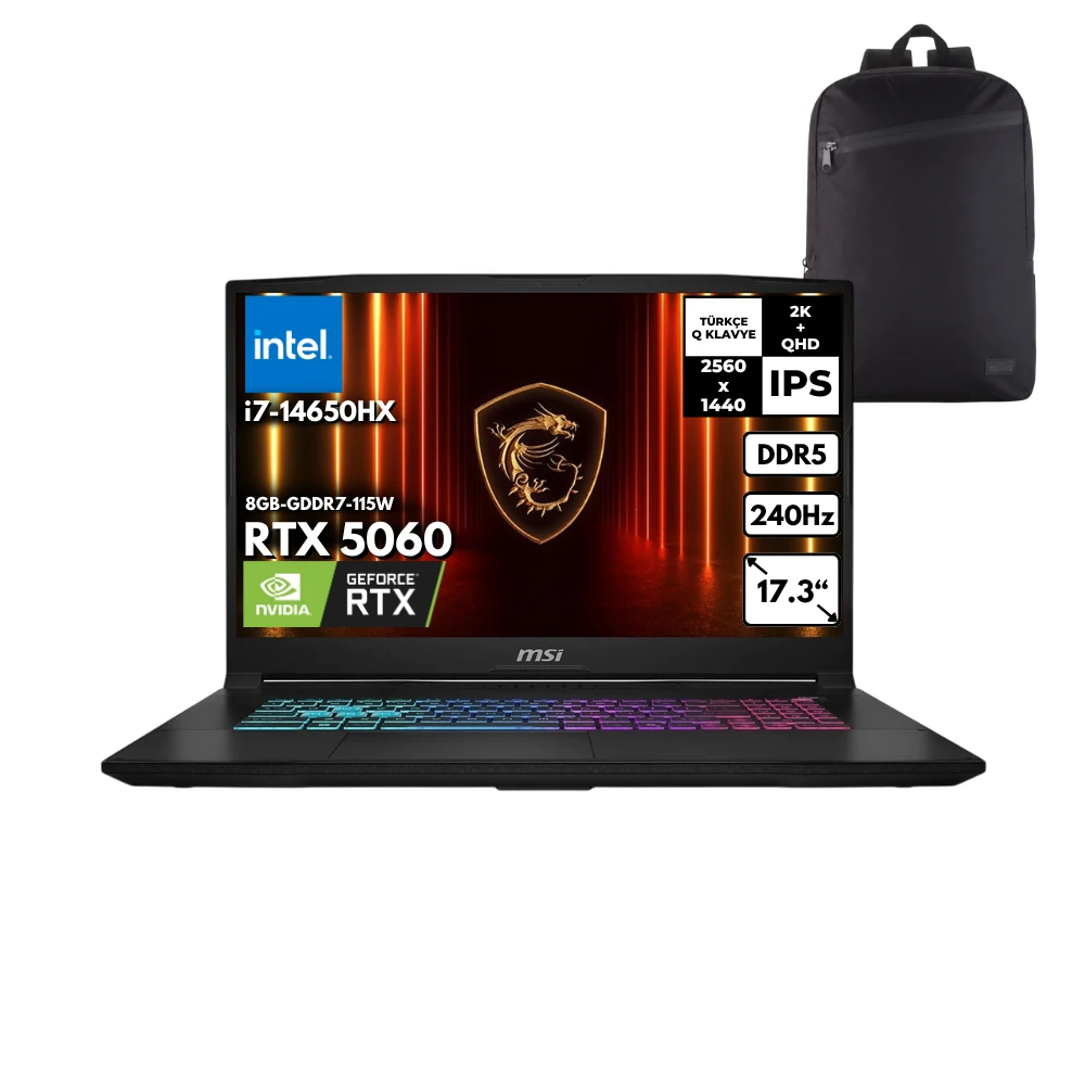 MSI KATANA 17 HX i7-14650HX 64-GBDDR5 1 TBSSD RTX5060 (8GB-GDDR7-115W) 17.3" 2K QHD 240Hz IPS Windows 10 Pro + HMF Sırt Çantası B14WFK-257XTRHMF48