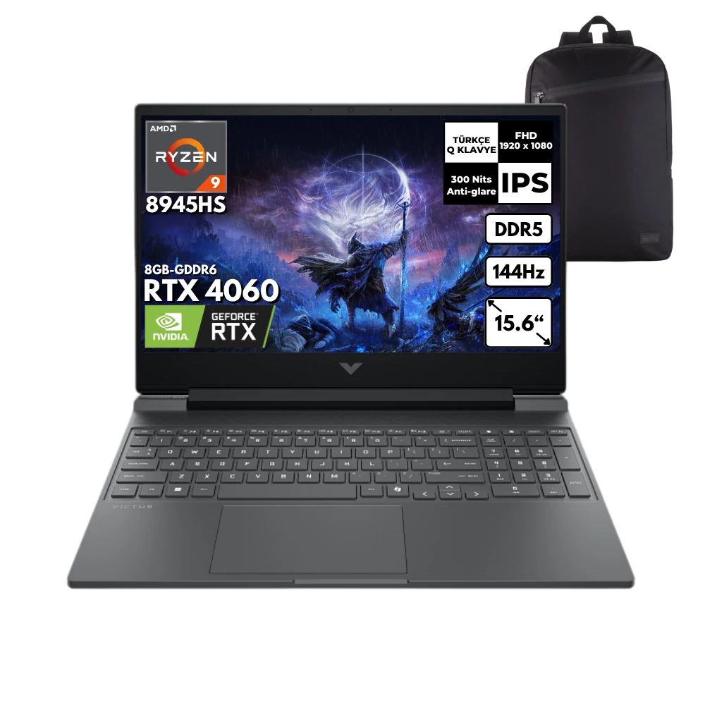 HP Victus 15-FB3006NT Ryzen 9-8945HS 64-GBDDR5 2 TBSSD RTX4060 (8GB - GDDR6) 15.6" FHD Windows 10 Home + HMF Sırt Çantası B82WCEAHMF68