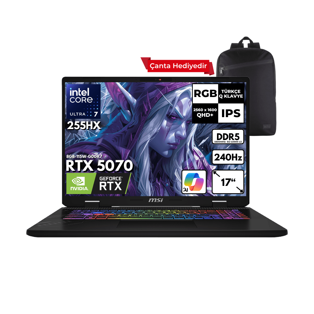 MSI CROSSHAIR 17HX AI Ultra 7-255HX 64-GBDDR5 4 TBSSD RTX5070 (8GB-115W-GDDR7) 17" 2K QHD+ 240Hz Windows 11 Home + HMF Sırt Çantası D2XWGKG-018XTRHMF34