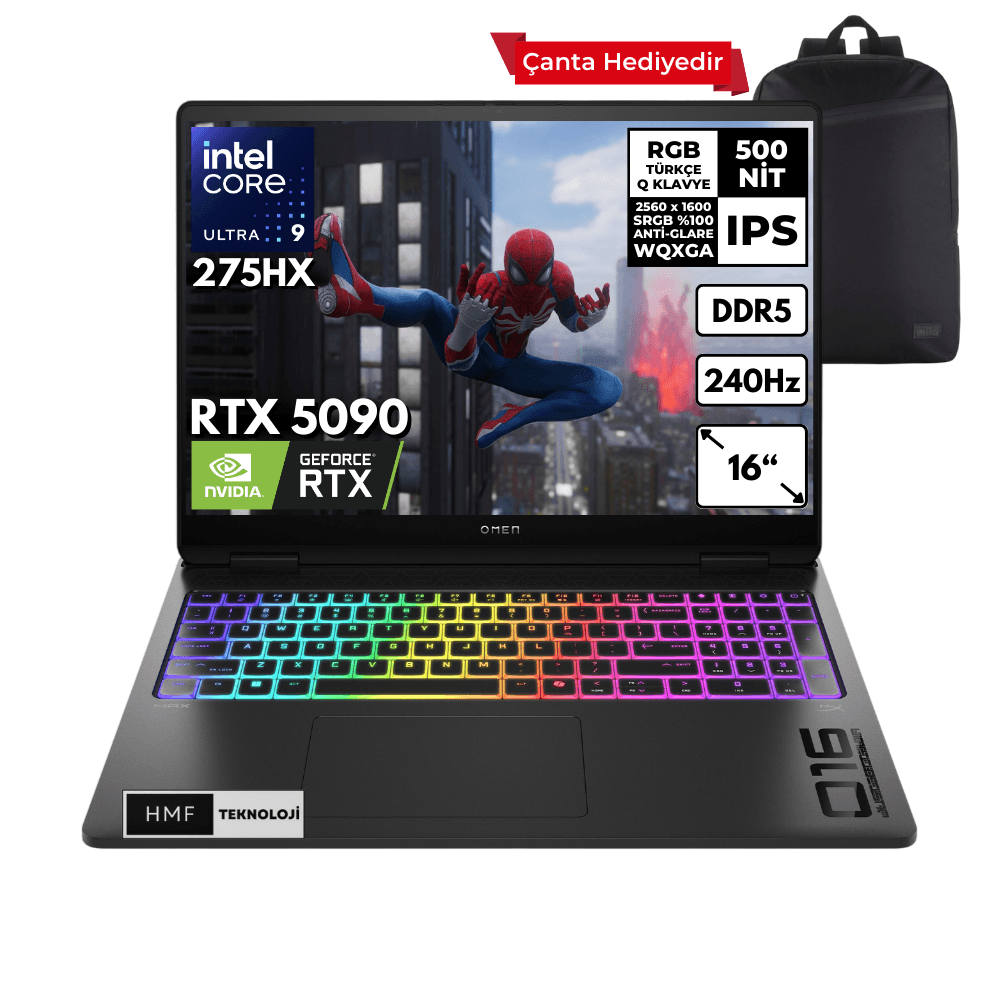 HP Omen Max 16-AH0004NT Ultra 9-275HX 40-GBDDR5 1 TBSSD RTX5090 (24GB-GDDR7) 16" 240Hz 2K WQXGA Windows 10 Home + HMF Sırt Çantası B92QMEAHMFC85