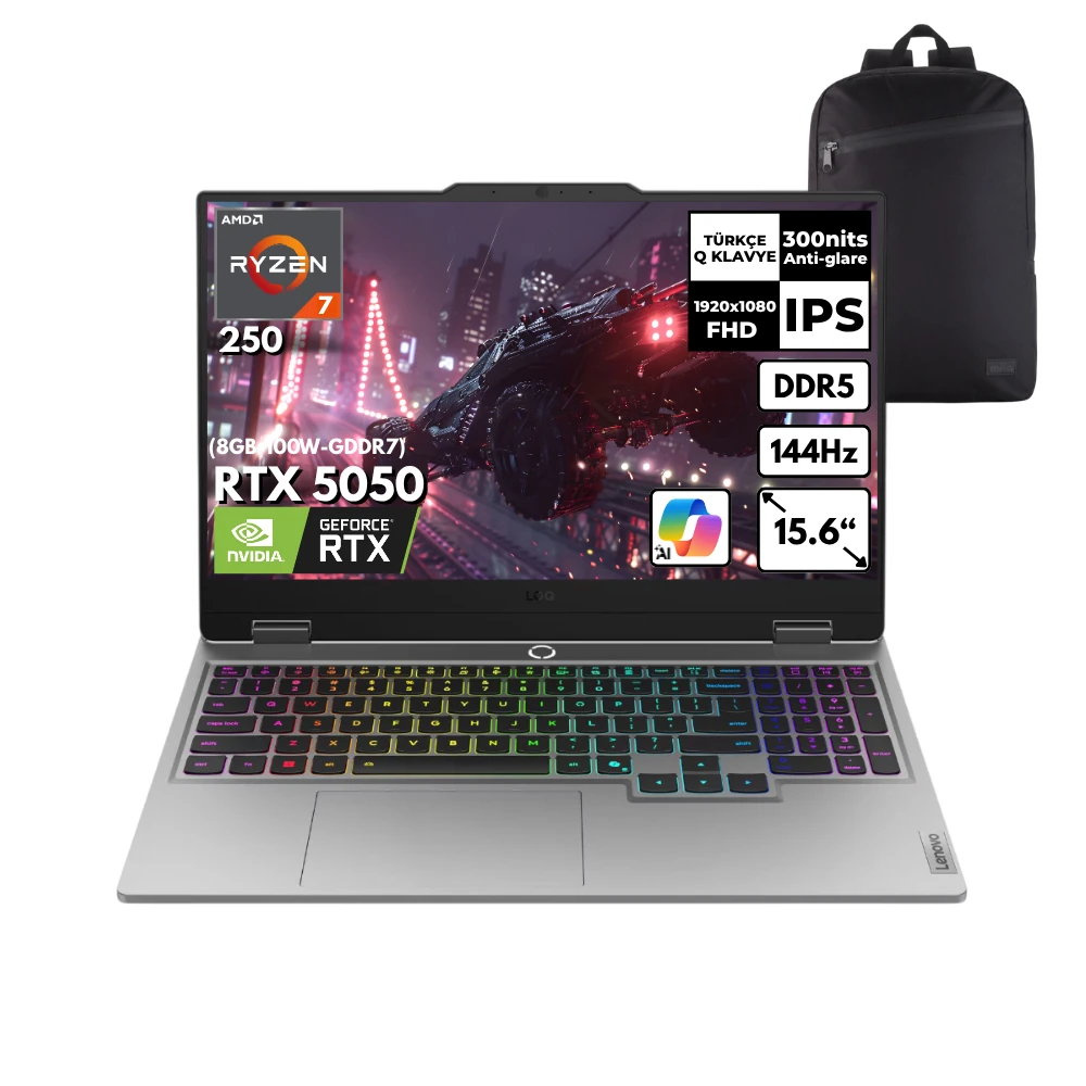Lenovo LOQ Ryzen 7-250 16-GBDDR5 2 TBSSD RTX5050 (8GB-100W-GDDR7) 15.6" FHD 144Hz Freedos + HMF Sırt Çantası 83JG006ATRHMF6