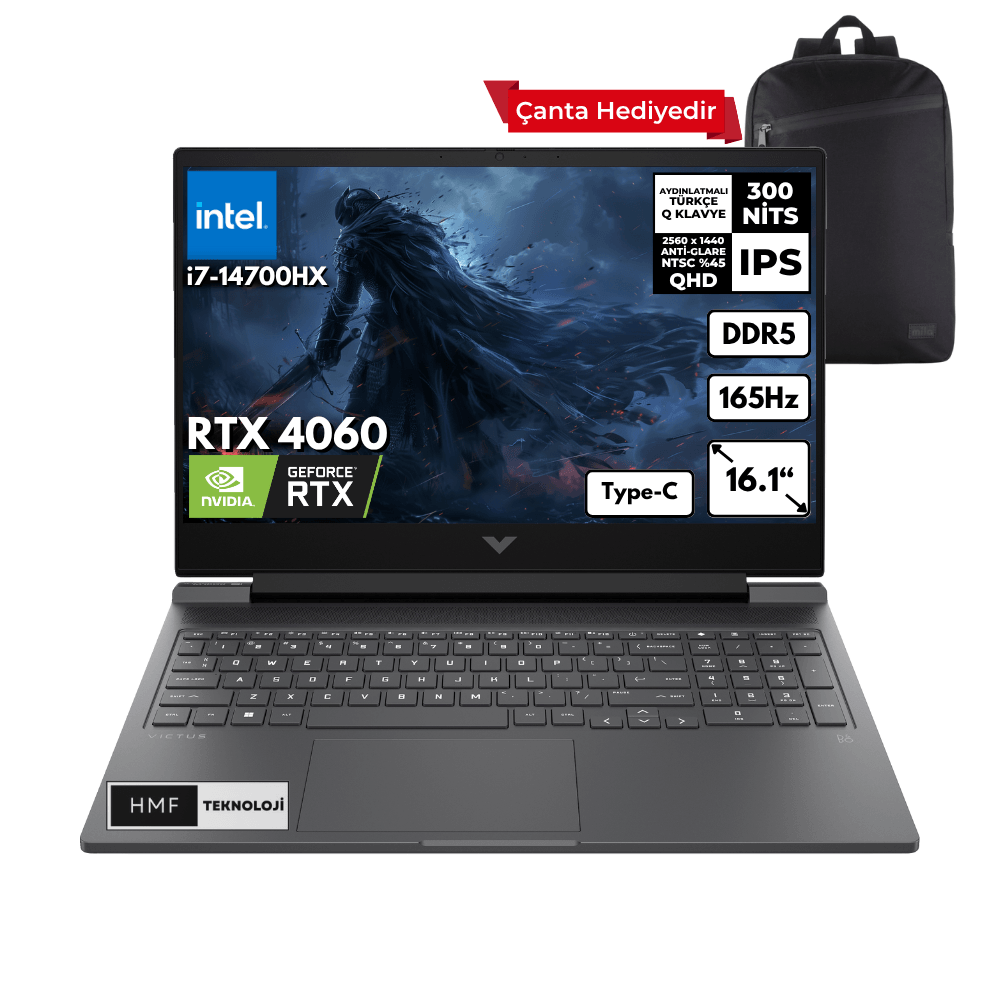 HP Victus 16-R1088NT i7-14700HX 64-GBDDR5 1 TBSSD RTX4060 (8GB) 16.1" 2K 165Hz QHD Windows 10 Home + HMF Sırt Çantası B8SG7EAHMFC84