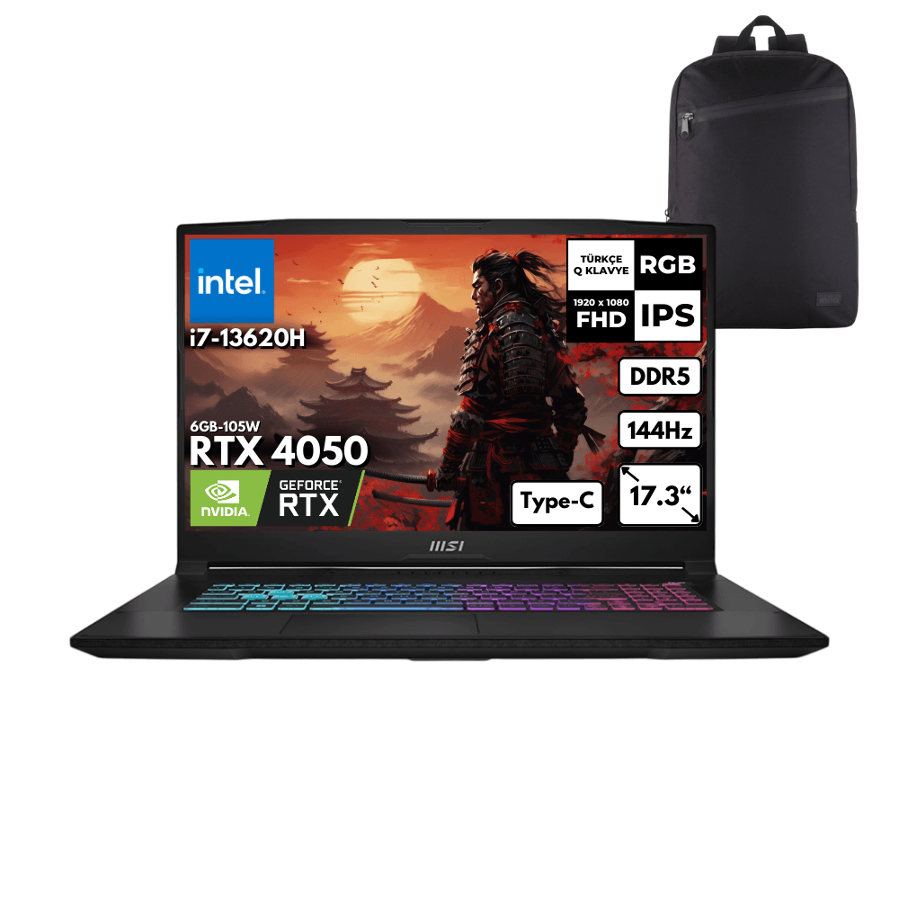 MSI Katana 17 i7-13620H 64-GBDDR5 2 TBSSD RTX4050 (6GB-105W) 17.3" FHD 144Hz Windows 11 Home + HMF Sırt Çantası B13VEK-1035XTRHMF48