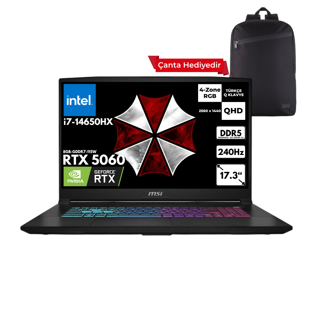 MSI KATANA 17 HX i7-14650HX 16-GBDDR5 1 TBSSD RTX5060 (8GB-GDDR7-115W) 17.3" QHD 240Hz Windows 10 Pro + Sırt Çantası B14WFK-215XTRHMF46
