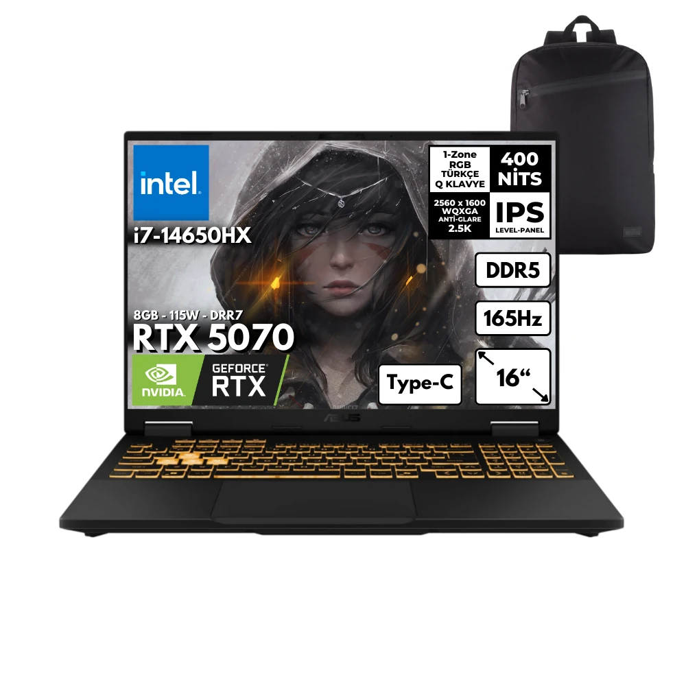 Asus Tuf F16 I7-14650HX 40-GBDDR5 1 TBSSD RTX5070 (8GB-115W-GDRR7) 16" WQXGA 165Hz Freedos + HMF Sırt Çantası FX608JPR-QT070HMF7