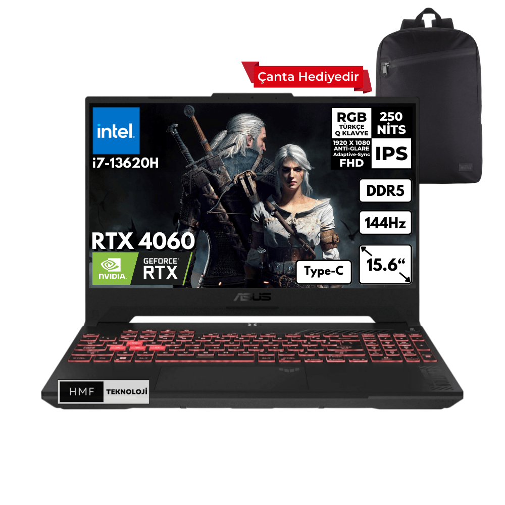Asus TUF Gaming F15 i7-13620H 16-GBDDR5 512 GBSSD RTX4060 (8GB-140W) 15.6" FHD 144Hz Windows 10 Pro+ HMF Sırt Çantası FX507VV-LP241HMFC77