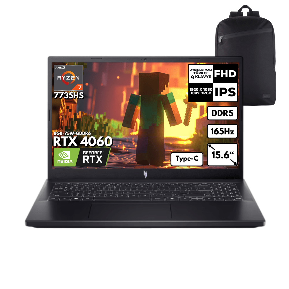 Acer Nitro V15 ANV15-41 Ryzen 7-7735HS 48-GBDDR5 2 TBSSD RTX4060 15.6" Windows 11 Home + HMF Sırt Çantası NH.QSFEY.001HMF49