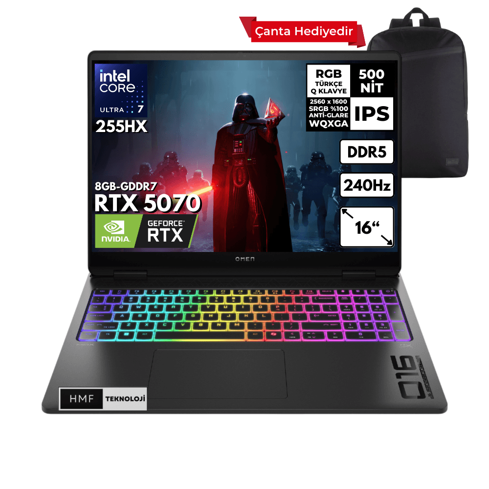 HP Omen Max 16-AH0021NT Ultra 7-255HX 32-GBDDR5 2 TBSSD RTX5070 (8GB-GDDR7) 16" 240Hz 2K WQXGA Windows 11 Pro + Hmf Sırt Çantası B92QXEAHMFC27