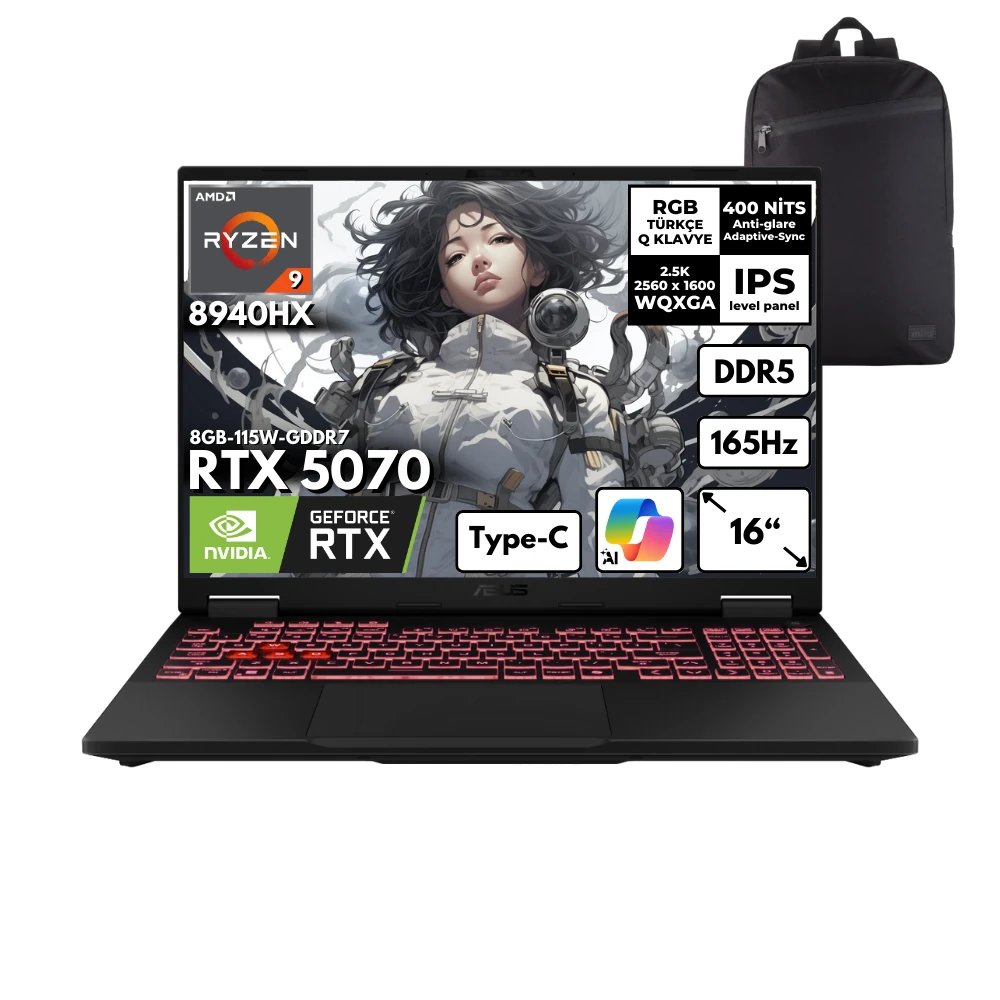 Asus TUF Gaming A16 Ryzen 9-8940HX 48-GBDDR5 1 TBSSD RTX5070 (8GB-115W-GDDR7) 16" WQXGA 165Hz Windows 10 Home + HMF Sırt Çantası FA608PP-QT031HMF51