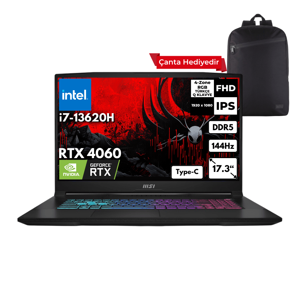 MSI KATANA 17 i7-13620H 64-GBDDR5 4 TBSSD RTX4060 (8GB-105W) 17.3" FHD 144Hz Windows 11 Pro + Sırt Çantası B13VFK-1037XTRHMF23