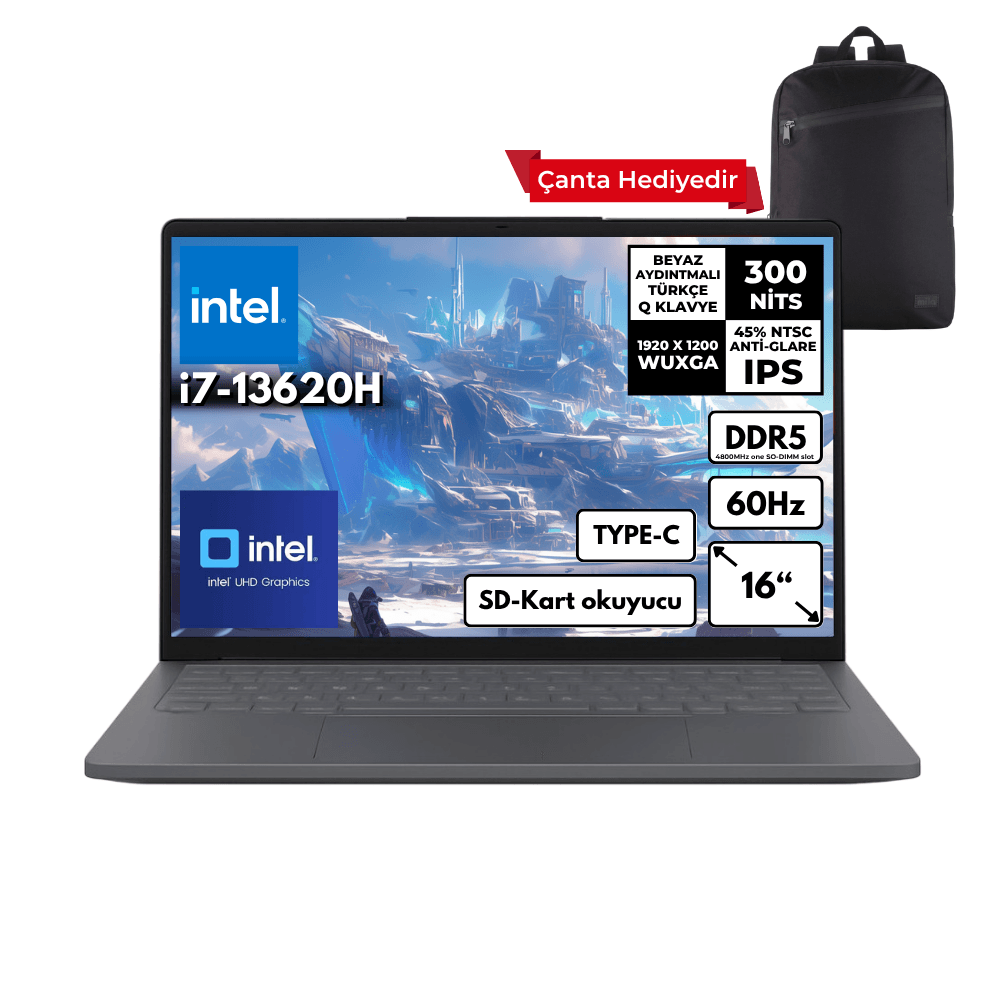 Lenovo Ideapad Slim 3 i7-13620H 24-GBDDR5 512 GBSSD Intel® UHD Graphics 16" WUXGA Windows 10 Home + Sırt Çantası Notebook 83K2001WTRHMF79