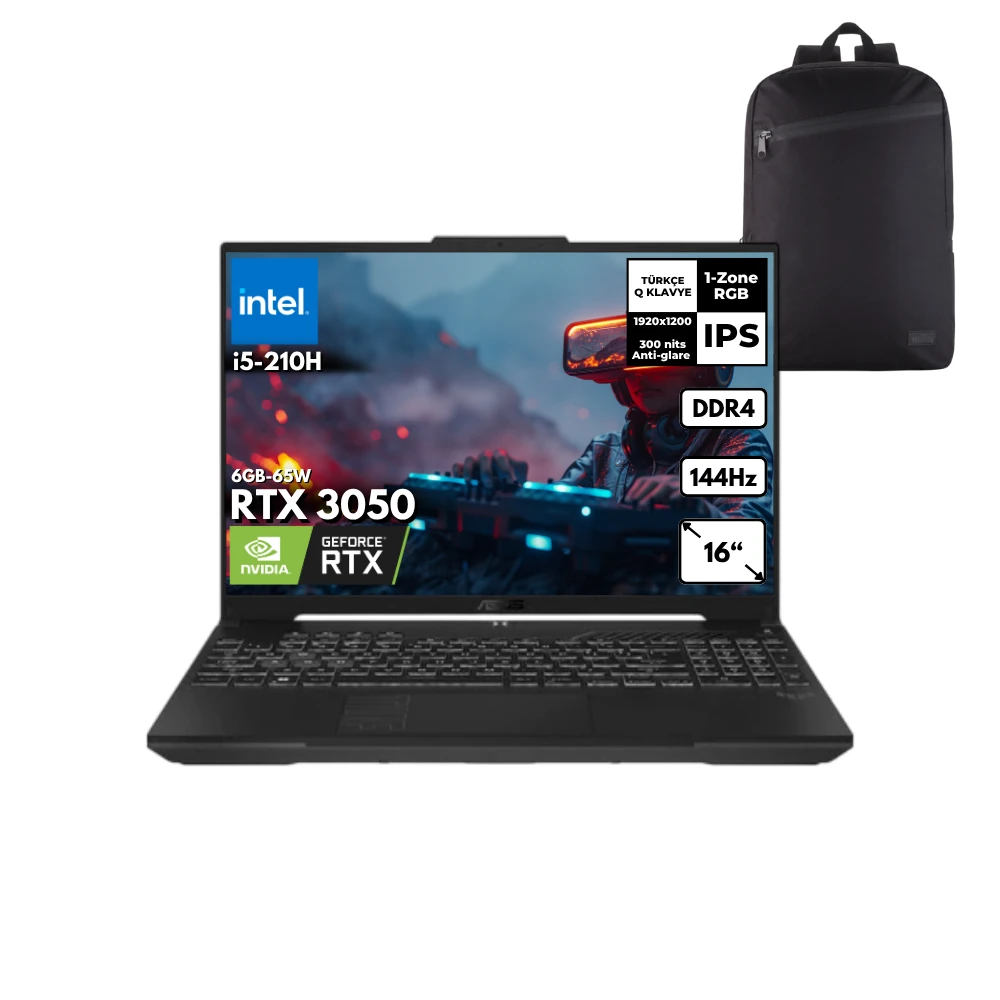 Asus TUF Gaming F16 i5-210H 8 GB 4 TBSSD RTX3050 (6GB-65W) 16" FHD Windows 10 Pro + HMF Sırt Çantası FX607VJ-RL016HMF43