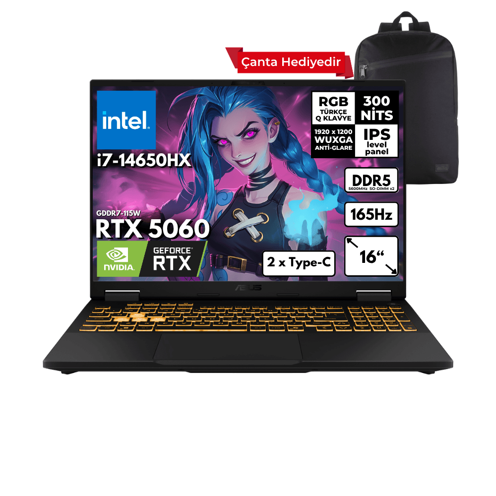 ASUS TUF Gaming F16 i7-14650HX 32-GBDDR5 1 TBSSD RTX5060 (8GB-GDDR7-115W) 16" WUXGA 165Hz Windows 10 Pro + Sırt Çantası FX608JMR-RV024HMF47