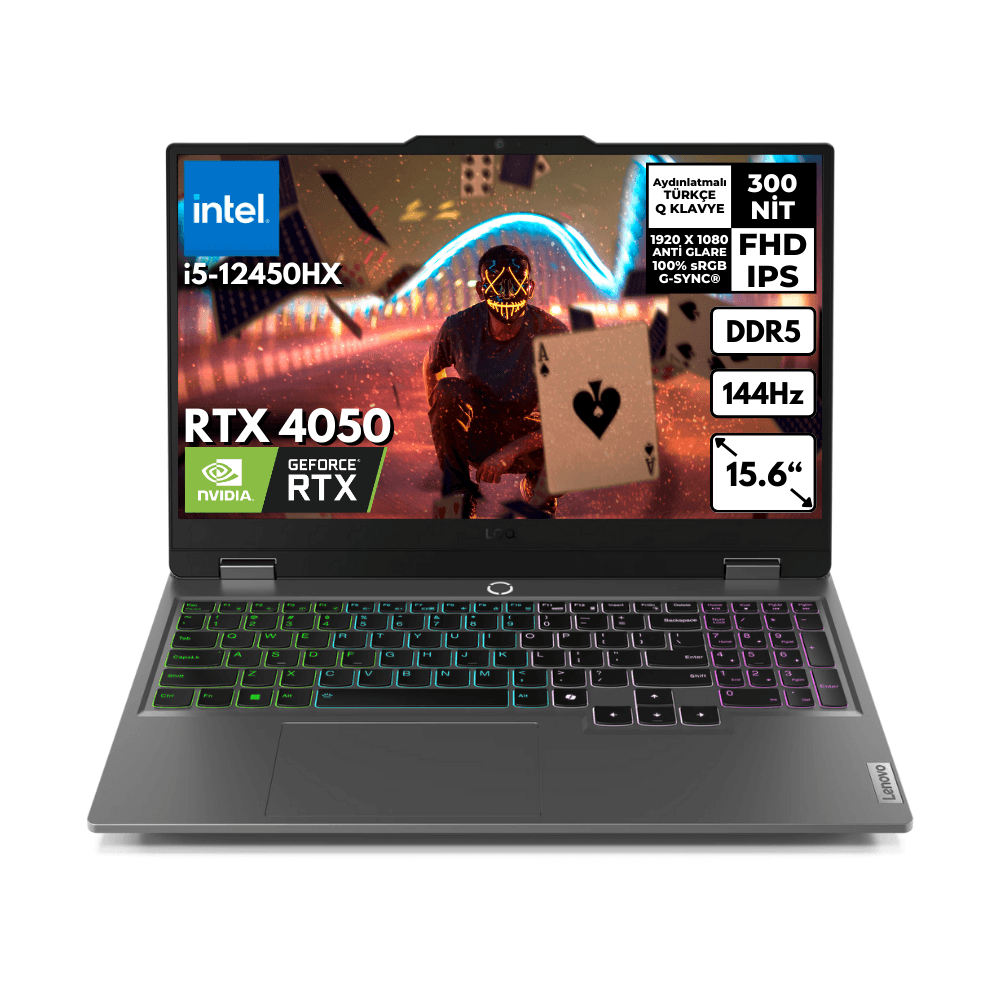 Lenovo LOQ i5-12450HX 16-GBDDR5 4 TBSSD RTX4050 (6GB) 105W 15.6" FHD 144Hz Freedos Oyuncu Bilgisayarı 83GS009ATRHMF16