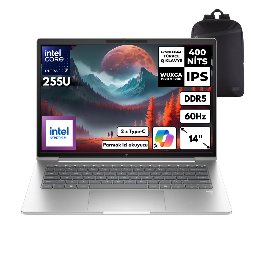 HP Elitebook 6 Ultra 7-255U 64-GBDDR5 512 GBSSD Intel Graphics 14" WUXGA Windows 11 Pro + HMF Sırt Çantası C9XW2ETHMF18