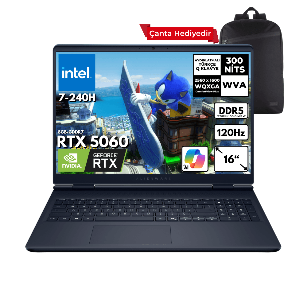 Dell Alienware 16 Aurora 7-240H 16-GBDDR5 2 TBSSD RTX5060 (8GB-GDDR7) 16" 2K WQXGA 120Hz Windows 11 Home + Sırt Çantası AC16250-C716156WHMF6
