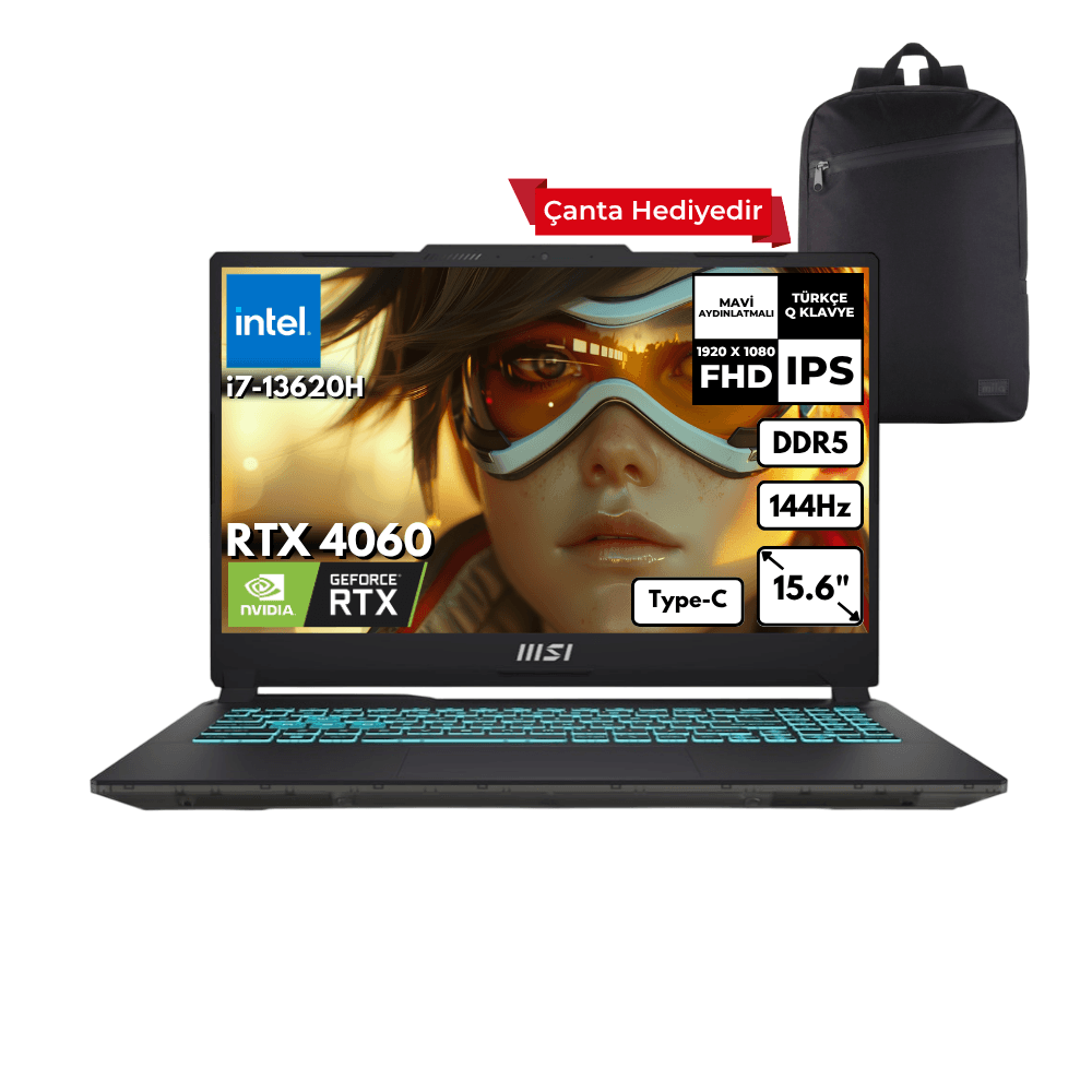 MSI CYBORG 15 i7-13620H 48-GBDDR5 2 TBSSD RTX4060 (8GB-45W) 15.6" 144Hz FHD Windows 10 Home + HMF Sırt Çantası A13VF-893XTRHMF56