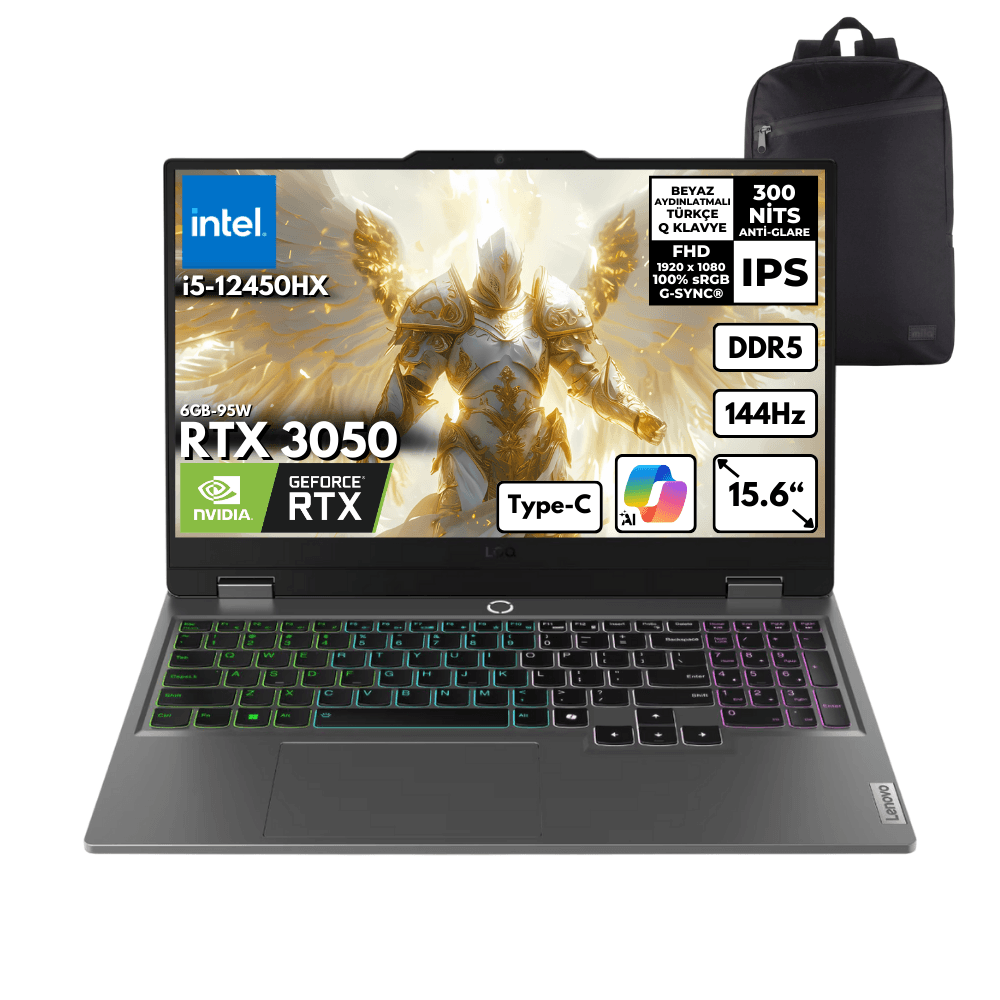 Lenovo LOQ i5-12450HX 32-GBDDR5 4 TBSSD RTX3050 (6GB-95W) 15.6" 144Hz Windows 11 Pro + HMF Sırt Çantası 83GS00Q8TRHMF37