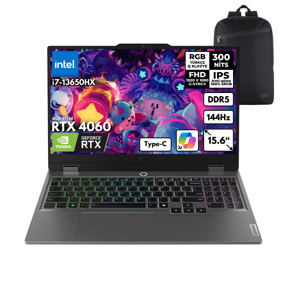 Lenovo LOQ i7 13650HX 16-GBDDR5 512 GBSSD RTX4060 (8GB-115W) 15.6" FHD 144Hz Freedos + HMF Sırt Çantası 83DV00WVTRHMF16