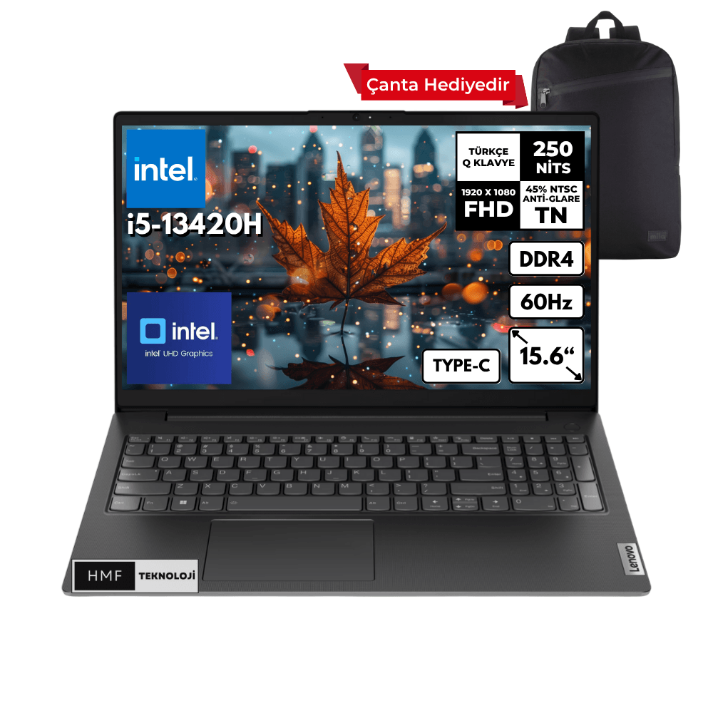 Lenovo V15 G4 i5-13420H 24GB 1 TBSSD UHD Graphics 15.6" FHD Windows 10 Home Notebook + HMF Sırt Çantası 83A1008TTRHMFC67
