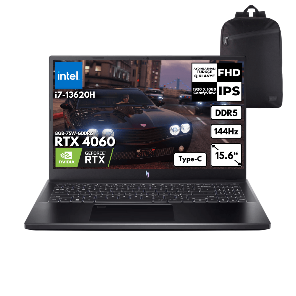 Acer Nitro V 15 ANV15-51 i7 13620H 40-GBDDR5 512 GBSSD RTX4060 (8GB-75W) 15.6" 144Hz FHD Freedos + Sırt Çantası NH.QQEEY.002HMF20