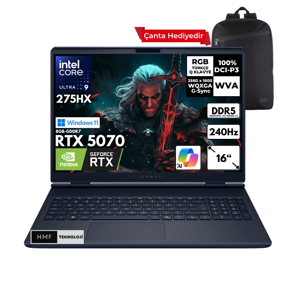 Dell Alienware 16X Aurora Ultra 9-275HX 32-GBDDR5 4 TBSSD RTX5070 (8GB-GDDR7) 16" 2K WQXGA 240Hz Windows 11 Home + HMF Sırt Çantası AC16251-CU932157WHMF9