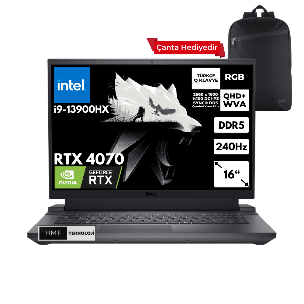 Dell G16 7630 i9-13900HX 32-GBDDR5 1 TBSSD RTX4070 (8 GB) QHD+ 16" 240Hz Freedos + HMF Sırt Çantası G76302401024UHMFC2