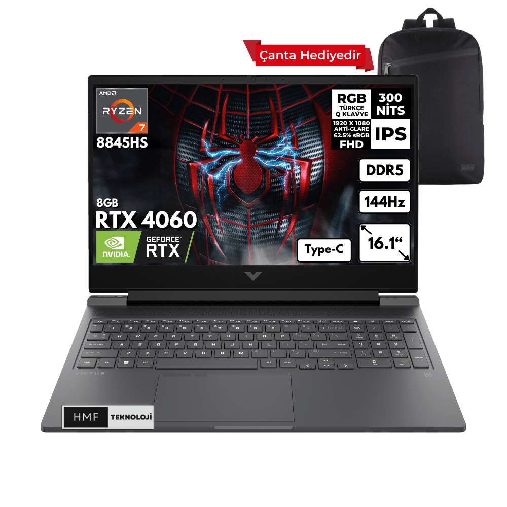 HP Victus 16-S1010NT 7 8845HS 8-GBDDR5 4 TBSSD RTX4060 (8GB) 16.1" FHD 144Hz Windows 10 Pro + HMF Sırt Çantası 9Z790EAHMFC71