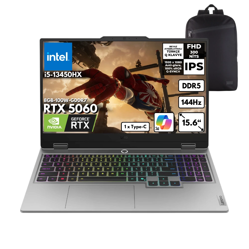 Lenovo LOQ i5-13450HX 40-GBDDR5 2 TBSSD RTX5060 (8GB-100W-GDDR7) 15.6" FHD Freedos + HMF Sırt Çantası 83JE00ENTRHMF12