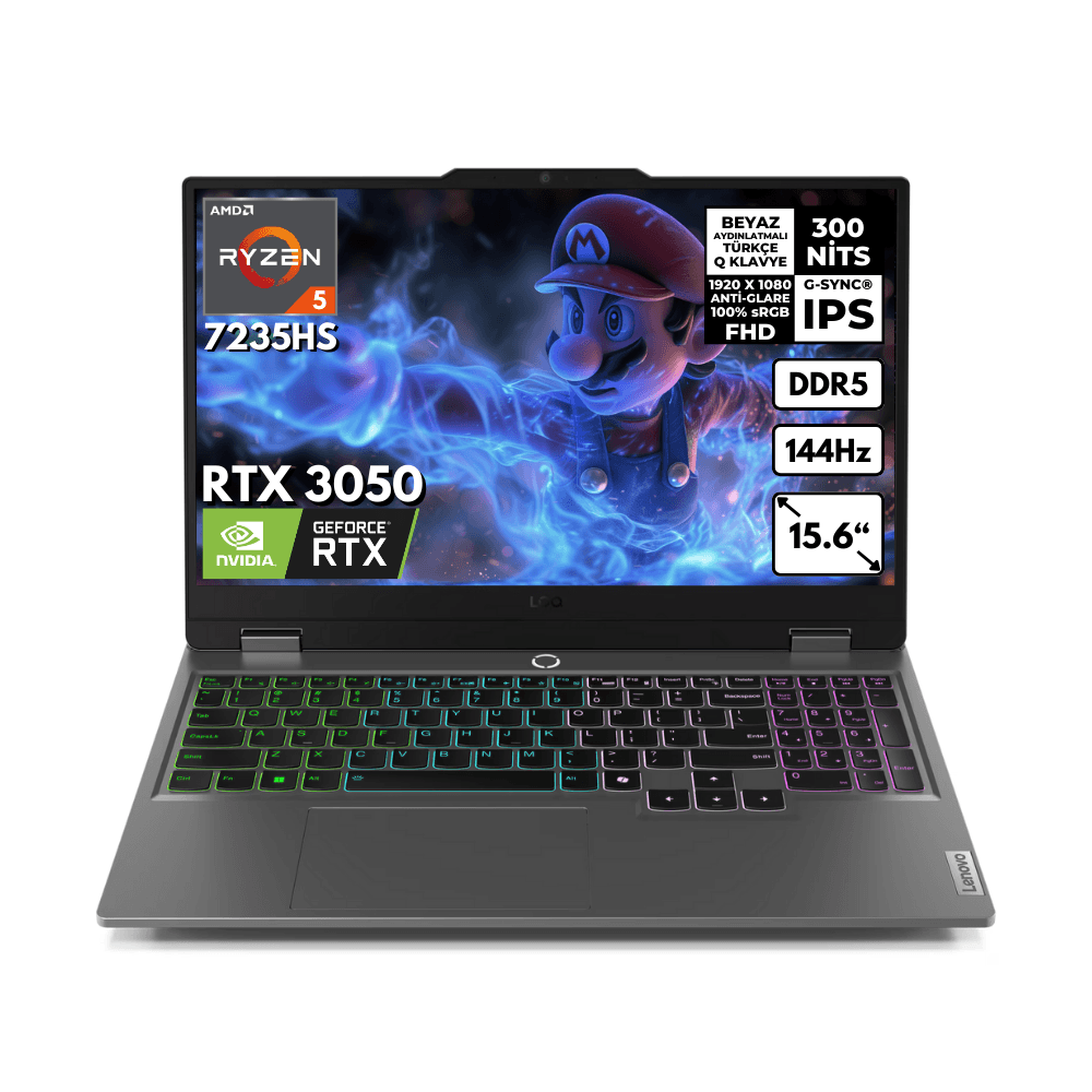 Lenovo LOQ Ryzen 5-7235HS 8-GBDDR5 512 GBSSD RTX3050 (6GB-95W) 15.6" FHD Freedos 83JC000PTRHMF16