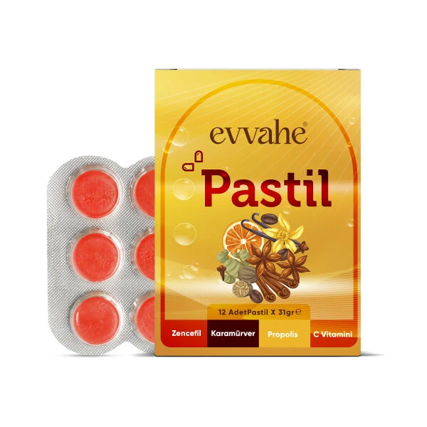 EVVAHE PASTİL 12 ADET ZENCEFİL, KARAMÜRVER, PROPOLİS, C VİTAMİNİ İÇEREN PASTİL TAKVİYE EDİCİ GIDA