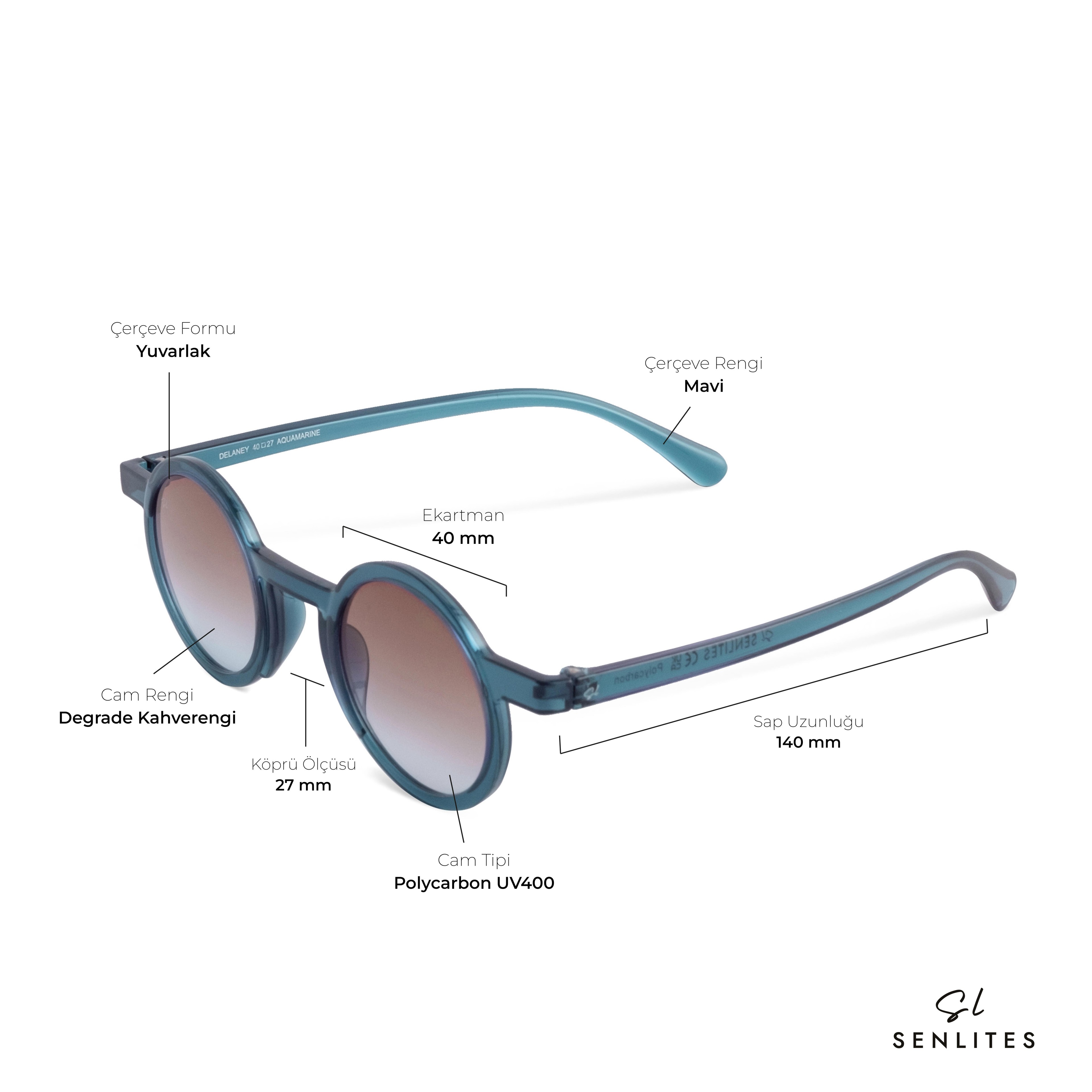 DELANEY AQUAMARINE Unisex Mavi Degrade UV400 Yuvarlak Güneş Gözlüğü