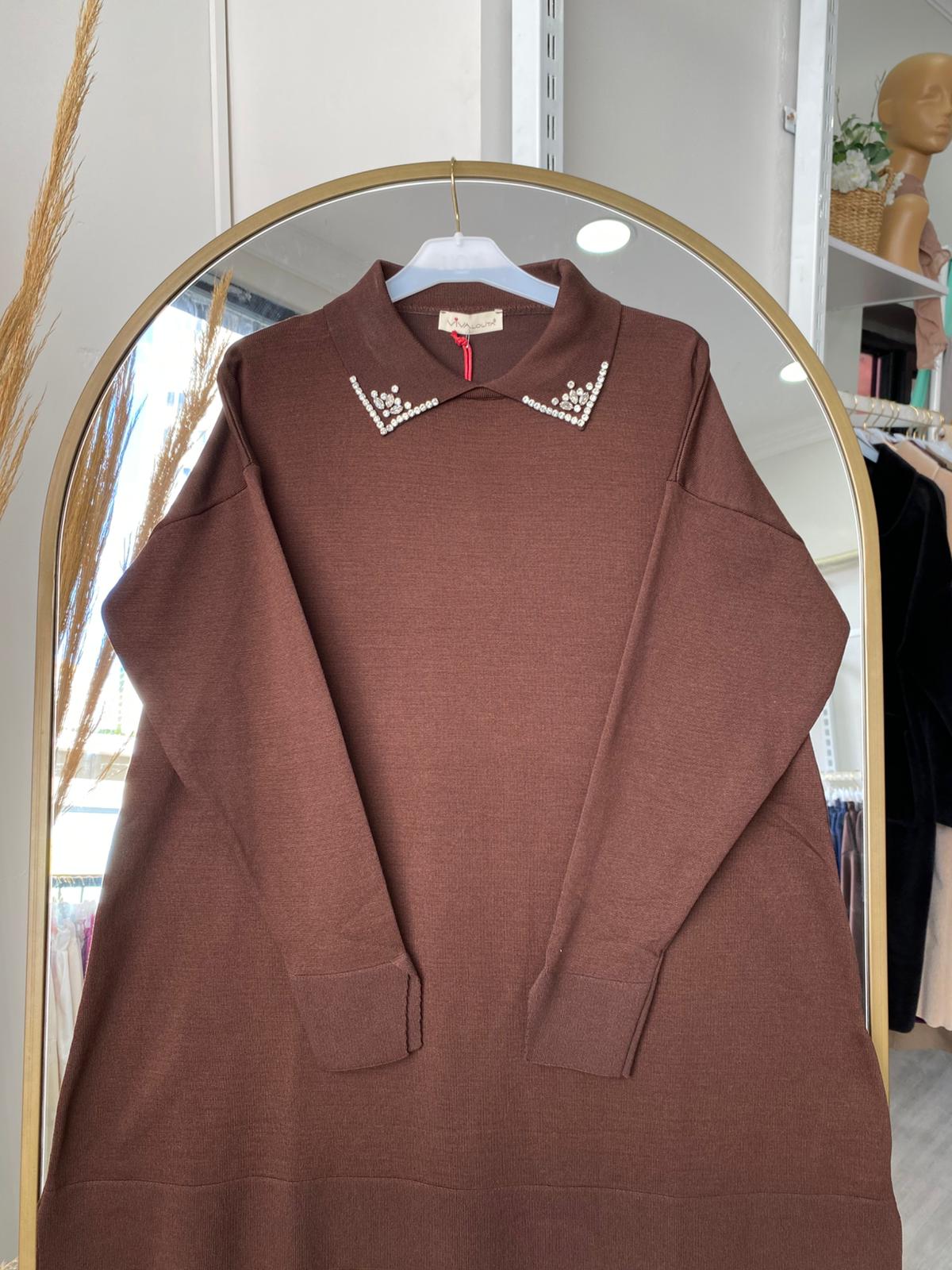 Taş Yaka Merserize Tunik - Kahverengi