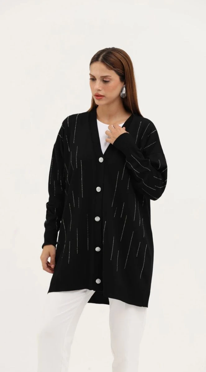 Taşlı Merserize Hırka - Siyah