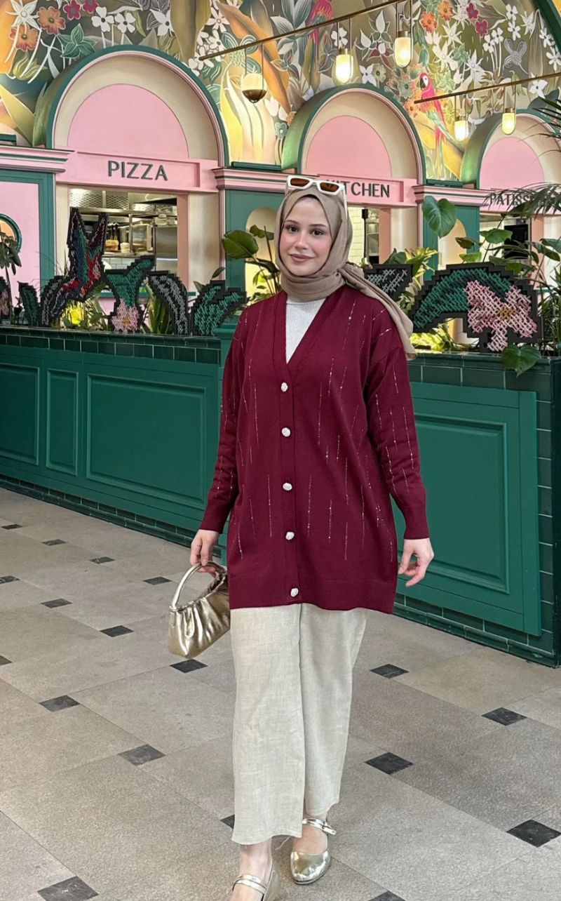 Taşlı Merserize Hırka - bordo