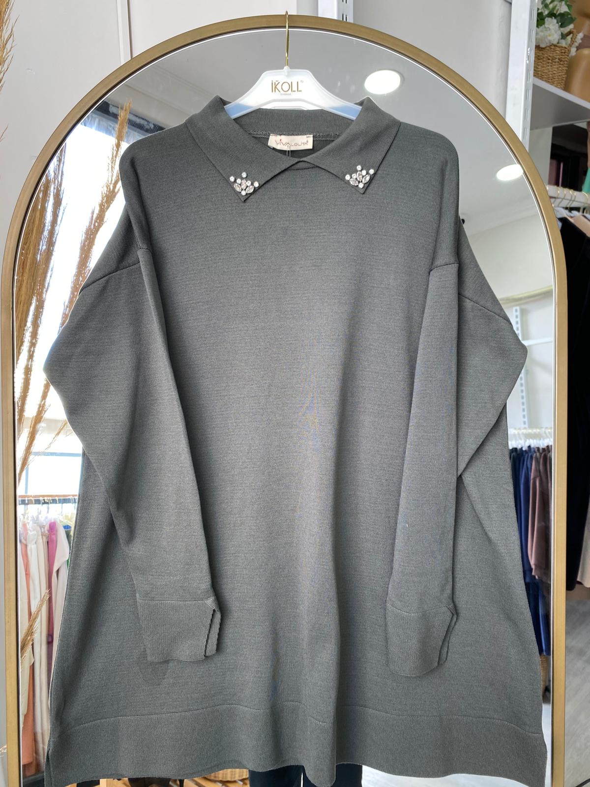 Taş Yaka Merserize Tunik - haki yeşil