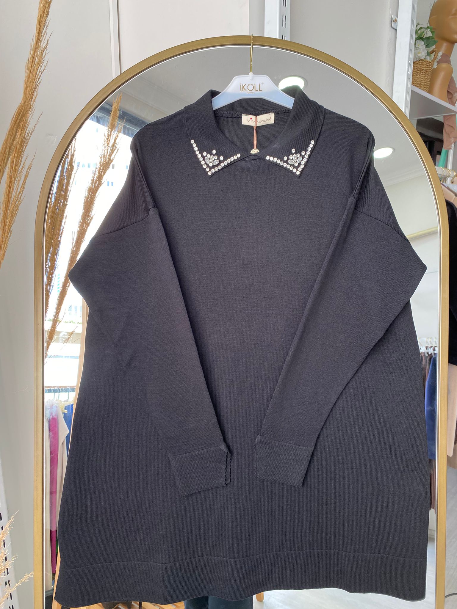 Taş Yaka Merserize Tunik - Siyah