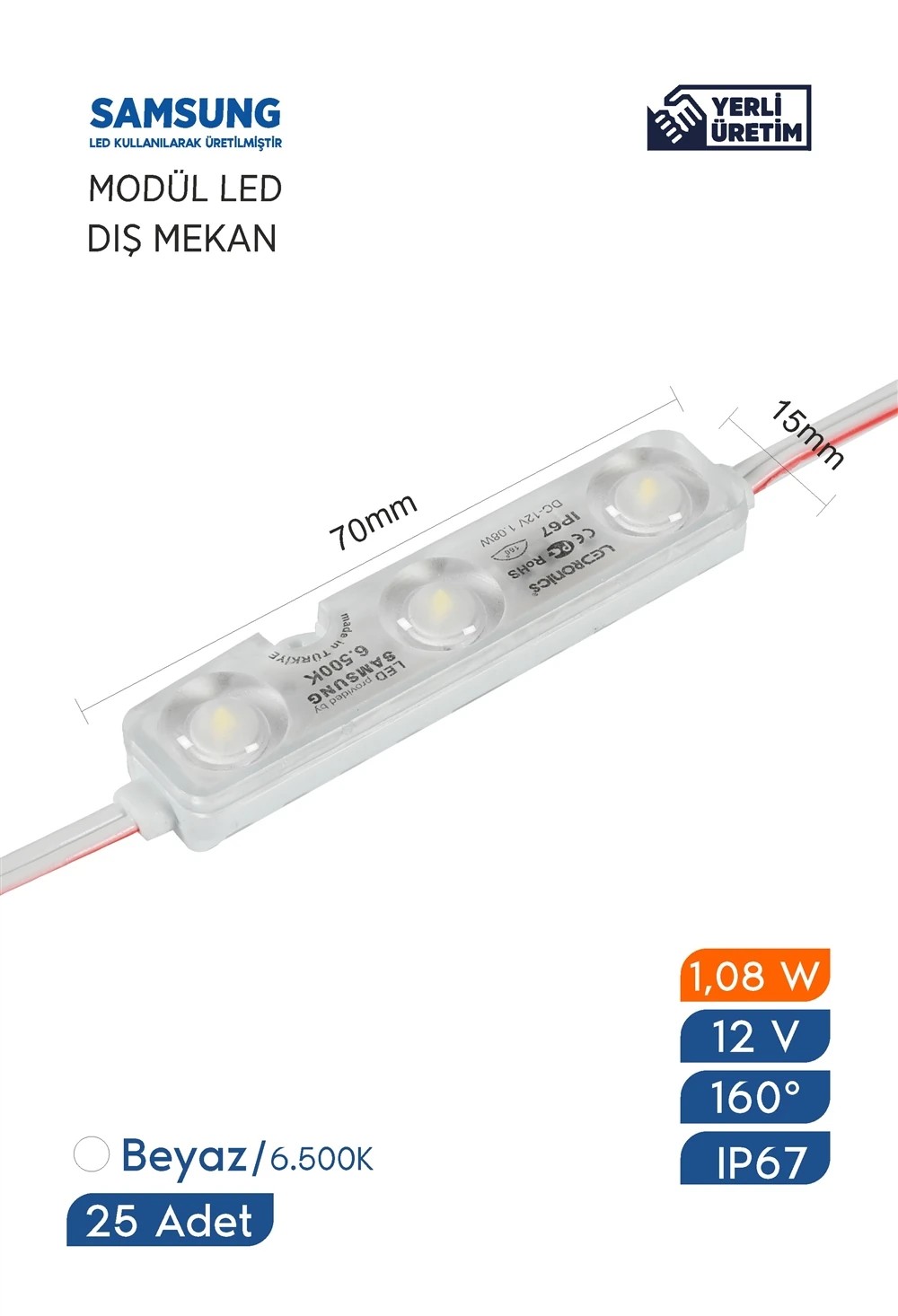 YERLİ Modül Led Samsung Çipli Dış Mekan IP67 12 V 1.08 W/Ad (50 ADET)