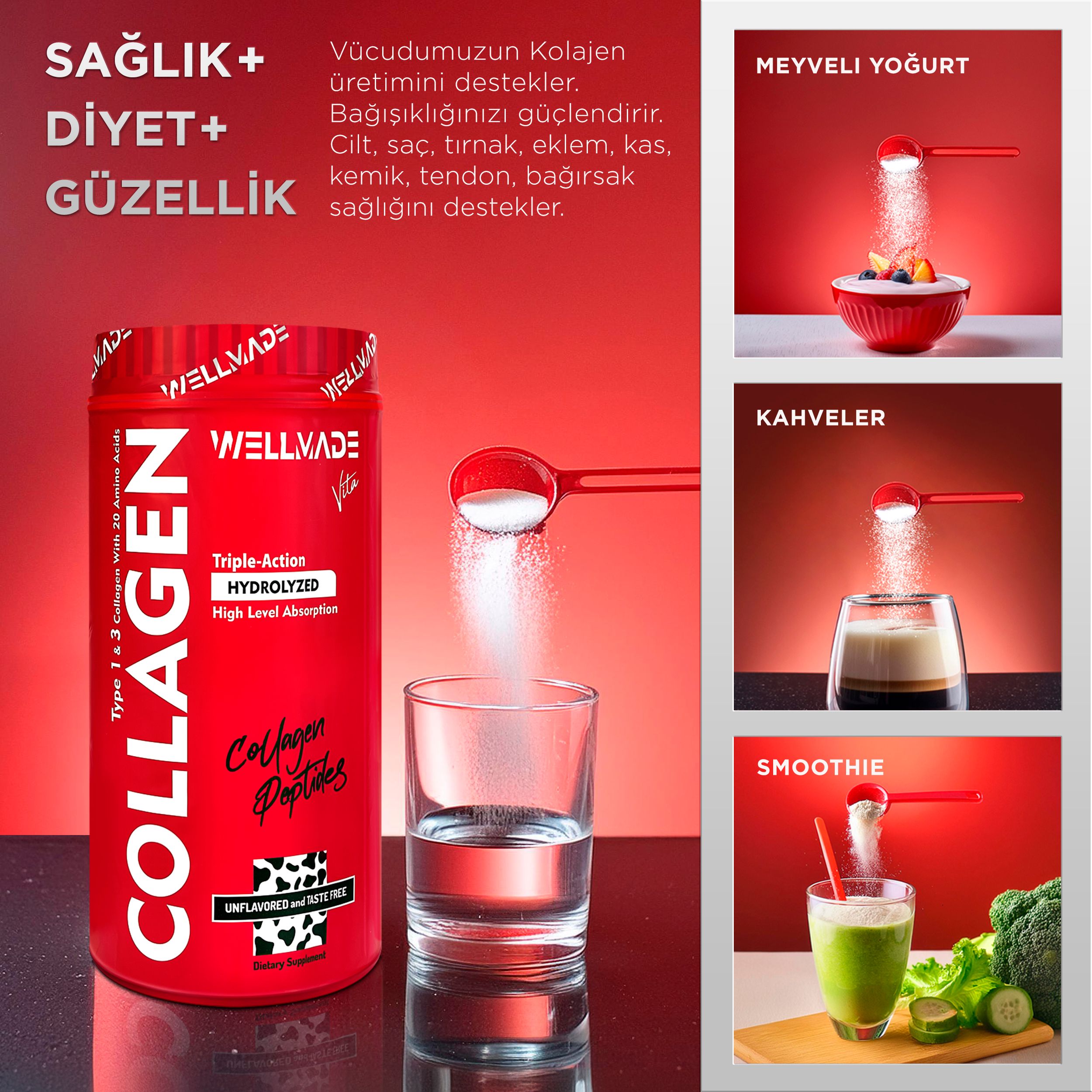 %100 Saf Kolajen Peptit 20 Aminoasit İçeren Takviye Edici Gıda-500gr (50 günlük)